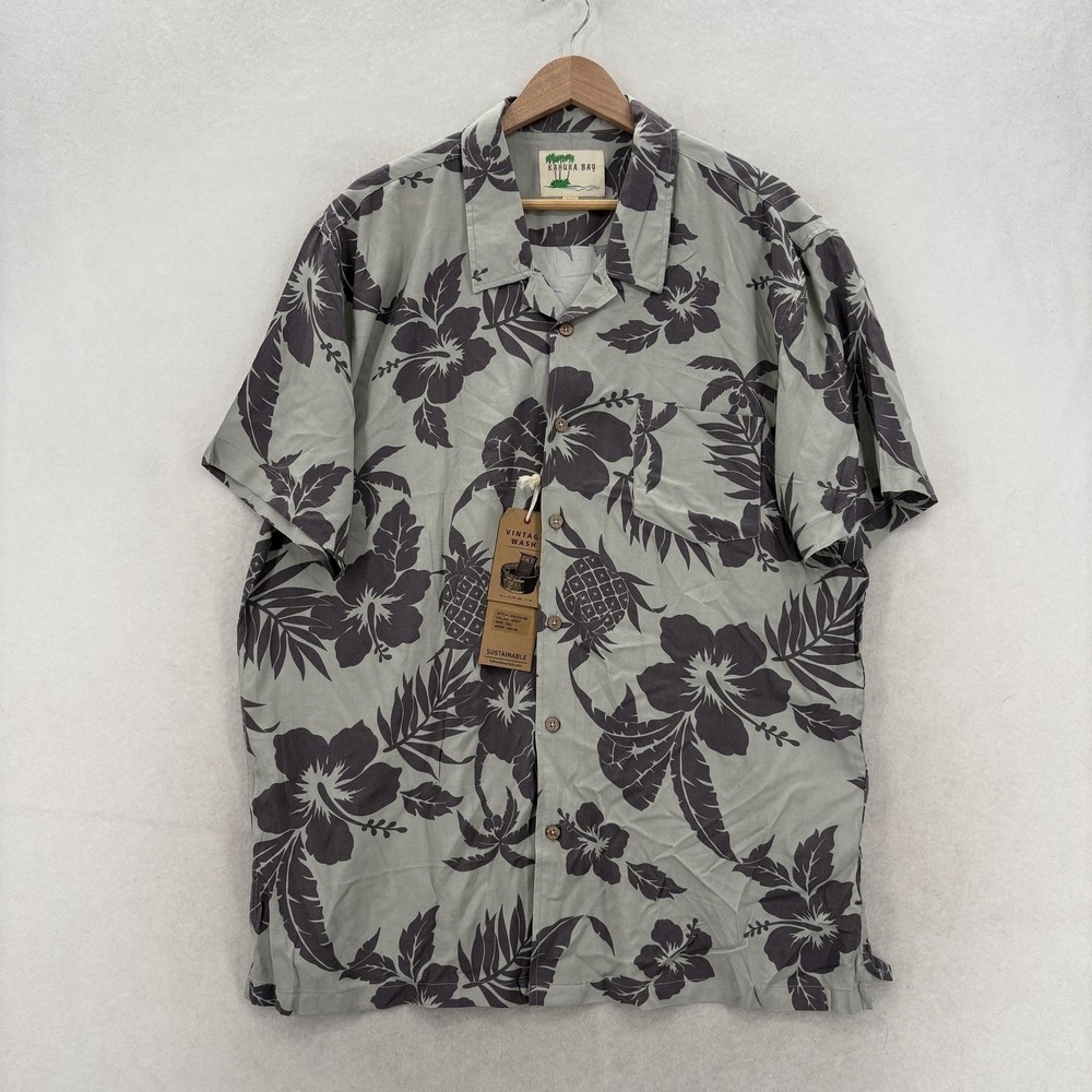 Kahuna Bay Shirt Mens 2XL Gray Floral Short Sleeve Hawaiian Button Up Aloha Camp